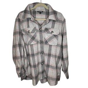 Steve Madden Womens High Noon Plaid Button-Up Shacket Jacket Large Pink Brown